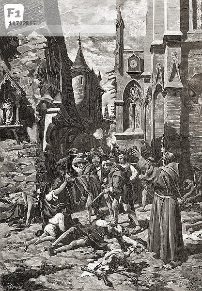 Das Massaker am Bartholomäus-Tag in Paris  Frankreich  im Jahr 1572  eine gezielte Reihe von Morden und eine Welle der Gewalt des katholischen Mobs  die sich gegen die Hugenotten (französische calvinistische Protestanten) während der französischen Religionskriege richtete. Nach einem Druck aus dem 19. Jahrhundert.