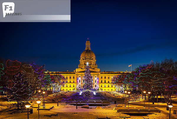 Alberta Legislature Gebäude beleuchtet und ein Weihnachtsbaum mit bunten Lichtern auf den Bäumen für die Dekoration zur Weihnachtszeit; Edmonton  Alberta  Kanada'.