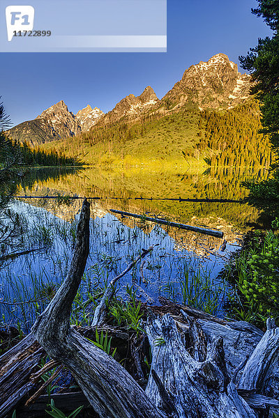 Teton Range und String Lake bei Sonnenaufgang  Grand Teton National Park; Wyoming  Vereinigte Staaten von Amerika'.