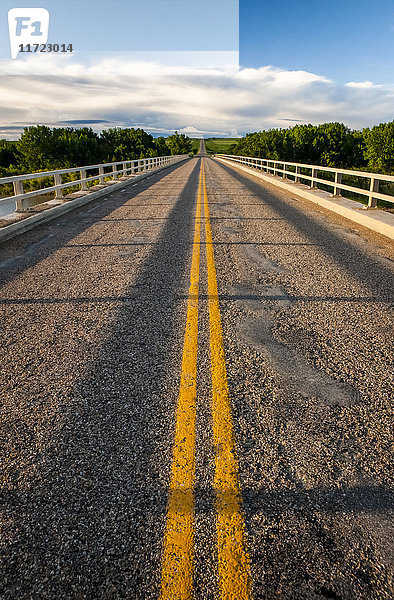 Doppelte durchgezogene gelbe Linie entlang einer asphaltierten Straße; Herschel  Saskatchewan  Kanada'.