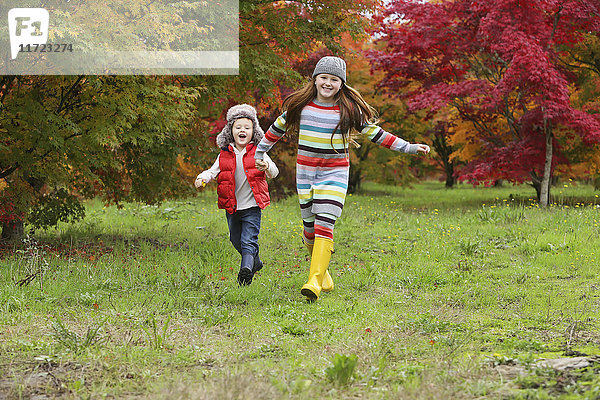 Ein Junge und ein Mädchen in Gummistiefeln und bunter Kleidung laufen händchenhaltend über ein Feld mit Bäumen in leuchtenden Herbstfarben im Hintergrund; Oregon  Vereinigte Staaten von Amerika'.
