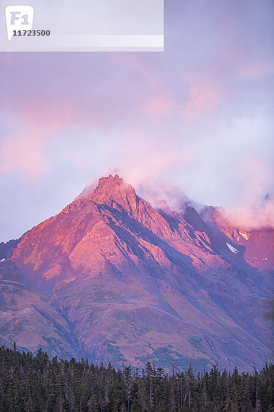 Sonnenuntergang beleuchtet einen Berghang der Kenai Mountains in der Nähe des Moose Pass  Süd-Zentral-Alaska  USA