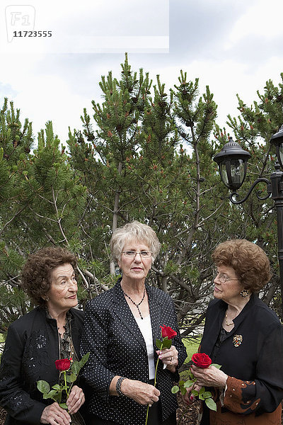 Drei Frauen halten einzelne rote Rosen; Edmonton  Alberta  Kanada'.