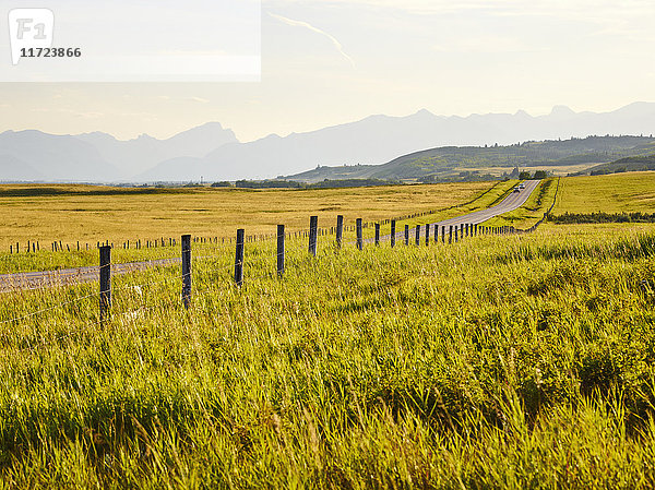 Eine Landstraße zwischen grünen Feldern und einer Silhouette von Bergen in der Ferne; Cochrane  Alberta  Kanada'.