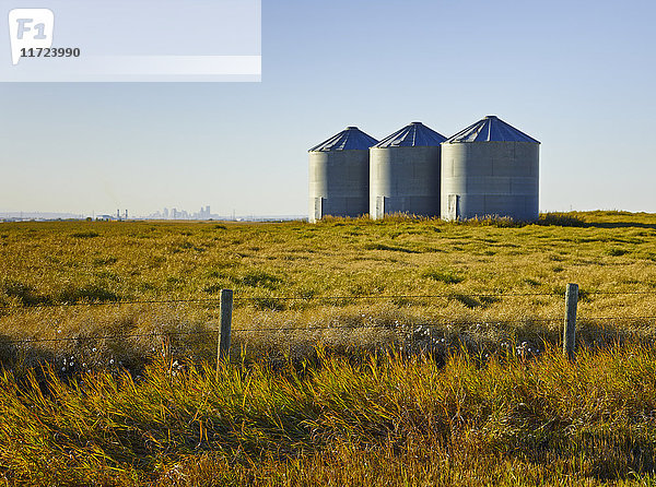 Drei Metallsilos auf einem Farmfeld; Alberta  Kanada