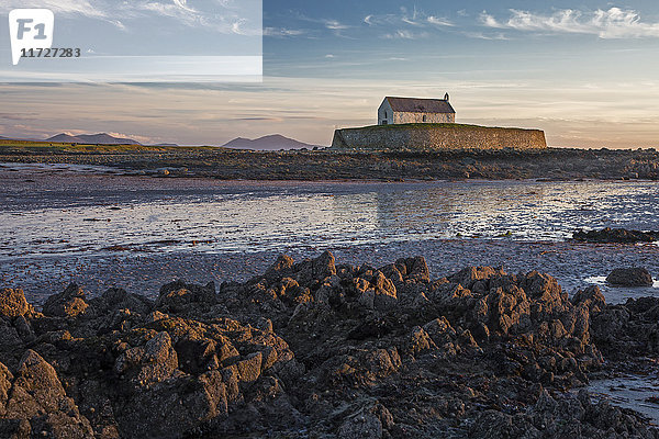 Ruhige mittelalterliche Inselkirche bei Ebbe  St. Cwyfans Kirche  Anglesey  Wales