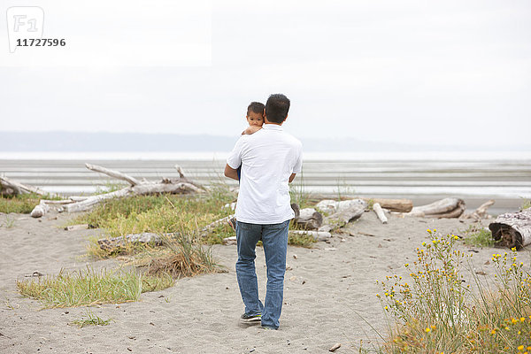 Vater mit Sohn am bedeckten Strand