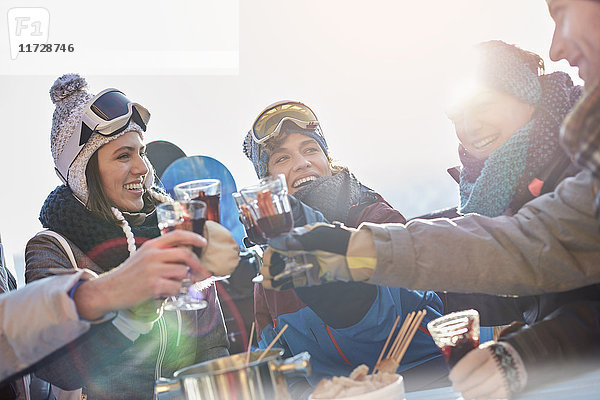 Skifahrerfreunde toasten Cocktailgläser Apres-Ski