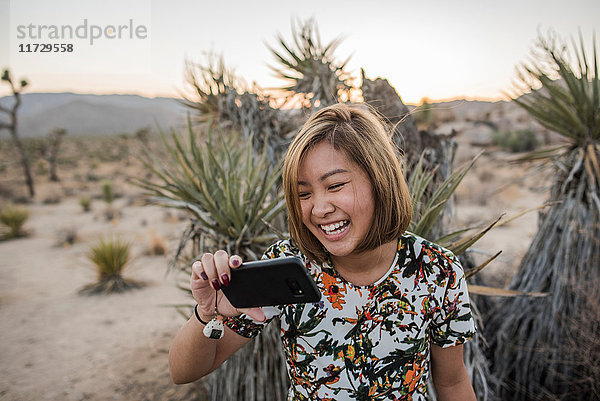 Junge Frau beim Smartphone-Selfie im Joshua-Tree-Nationalpark in der Abenddämmerung  Kalifornien  USA