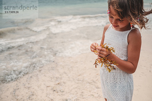 Mädchen spielt mit trockenem Seegras am Strand  Cancun  Mexiko