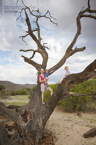 Porträt von Mutter und Söhnen  stehend auf totem Baum  Purros  Kaokoland  Namibia