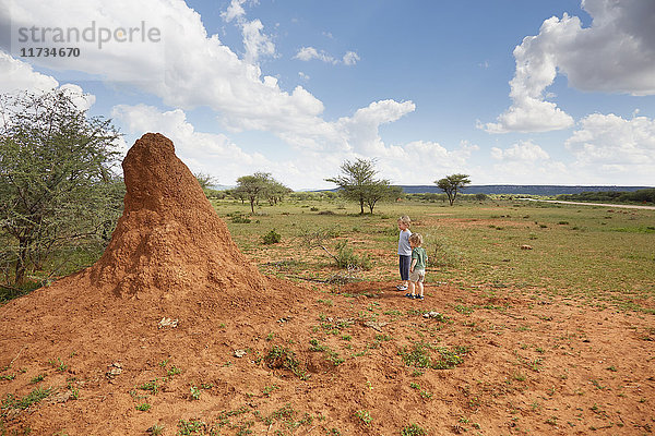 Zwei kleine Jungen betrachten den Termitenhügel  Opuwo  Kaokoland  Namibia