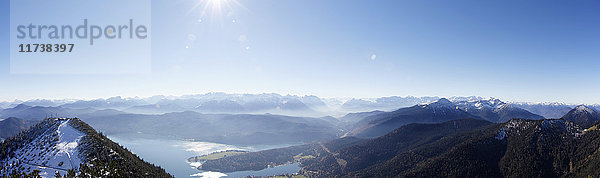 Panoramablick auf die Berge und den Walchensee  Bayern  Deutschland