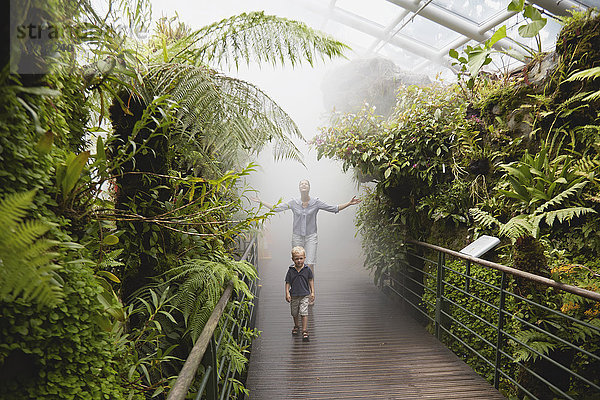 Junge und Mutter im feuchten Tropenhaus  Botanischer Garten  Singapur