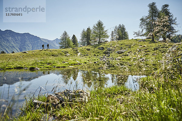Junges Wanderpaar in ferner Landschaft  Karthaus  Schnalstal  Südtirol  Italien