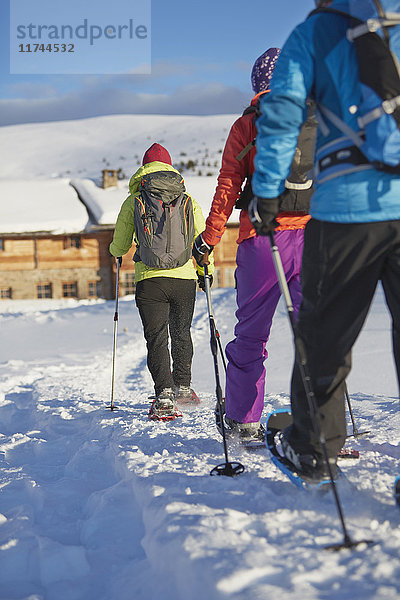 Rückansicht von drei mittleren erwachsenen Freunden beim Schneeschuhwandern in den Dolomiten  Eisacktal  Südtirol  Italien