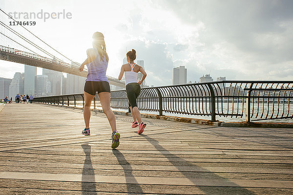 Zwei Freundinnen laufen vor der Brooklyn Bridge  New York  USA