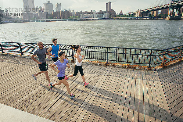 Vier erwachsene Läufer laufen am Flussufer  Brooklyn  New York  USA