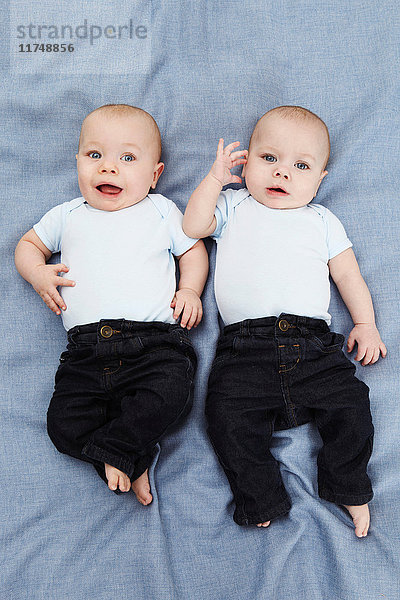 Porträt von zwei kleinen Jungen auf blau liegend  Draufsicht