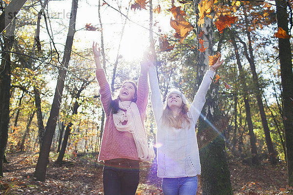 Teenager-Mädchen in Waldarmen erhoben  warfen Herbstblätter und blickten lächelnd auf