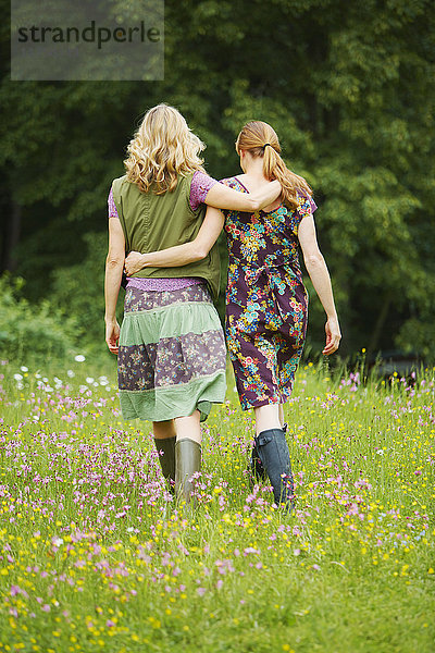 Rückansicht von zwei Frauen  die auf einer Wildblumenwiese spazieren