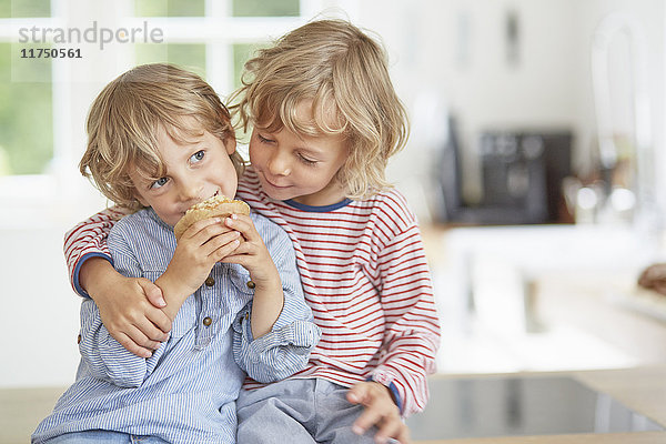 Junge Junge isst Muffin  während sein Bruder zuschaut