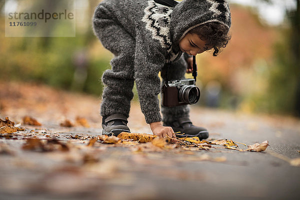 Junges Mädchen im Freien  im Strickanzug  sammelt Herbstblätter