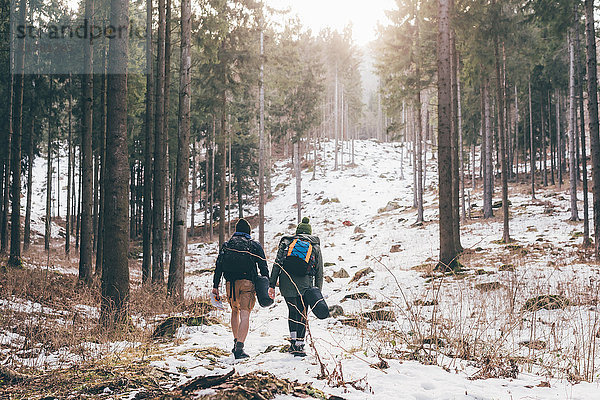 Rückansicht eines Wanderpaares beim Wandern im verschneiten Wald  Monte San Primo  Italien