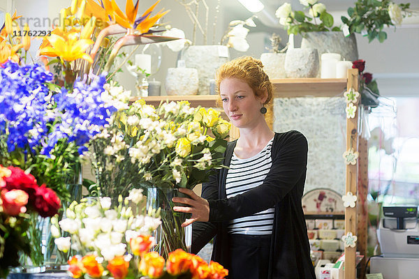 Florist wählt Blumen im Geschäft aus