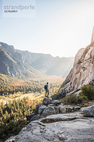 Mann auf Felsbrocken mit Blick auf den Talwald  Yosemite National Park  Kalifornien  USA