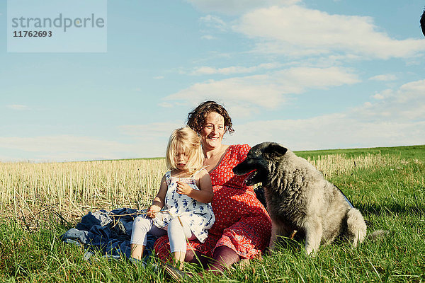 Schwangere Frau sitzt mit Kleinkind und Hund auf dem Feld