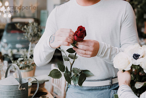 Zwei Floristen im Blumengeschäft  die Blumen für das Arrangement vorbereiten  Mittelteil