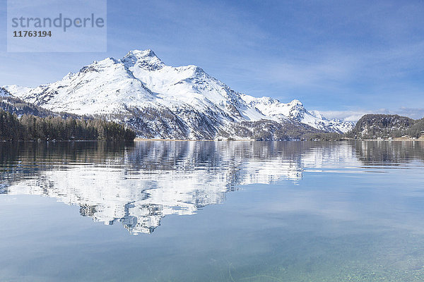 Schneegipfel spiegeln sich im klaren Wasser des Silsersees  Maloja  Kanton Graubünden  Engadin  Schweiz  Europa