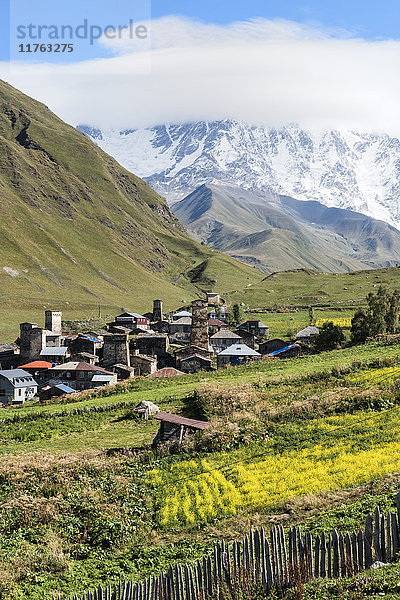 Traditionelle mittelalterliche Turmhäuser in Swanetien  Dorf Ushguli  dahinter das Shkhara-Gebirge  Region Swanetien  Georgien  Kaukasus  Asien