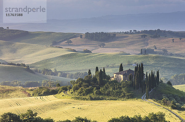 Sonnenaufgang über den sanften grünen Hügeln und den typischen Bauernhäusern von Val d'Orcia  UNESCO-Weltkulturerbe  Provinz Siena  Toskana  Italien  Europa