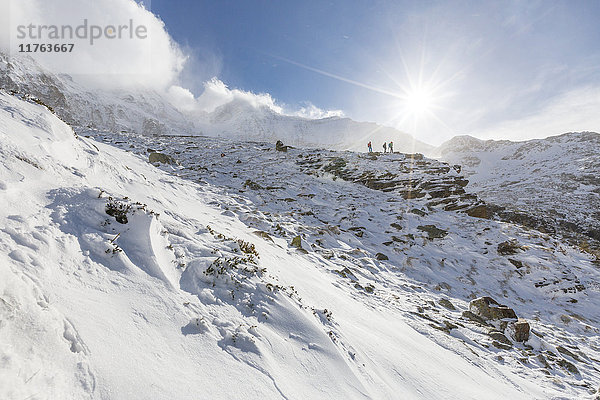 Wanderer gehen im verschneiten Tal der Alpe Fora  Malenco-Tal  Provinz Sondrio  Valtellina  Lombardei  Italien  Europa