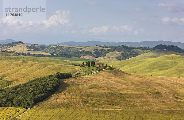 Grüne sanfte Hügel und Bauernhäuser in Crete Senesi (Senese Clays)  Provinz Siena  Toskana  Italien  Europa