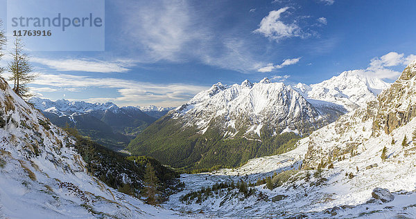 Panorama der Alpe Fora mit dem Monte Disgrazia im Hintergrund  Malenco Tal  Provinz Sondrio  Valtellina  Lombardei  Italien  Europa
