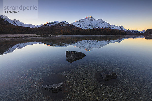 Die schneebedeckten Gipfel spiegeln sich im Champfer See bei Sonnenaufgang  St. Moritz  Kanton Graubünden  Engadin  Schweiz  Europa