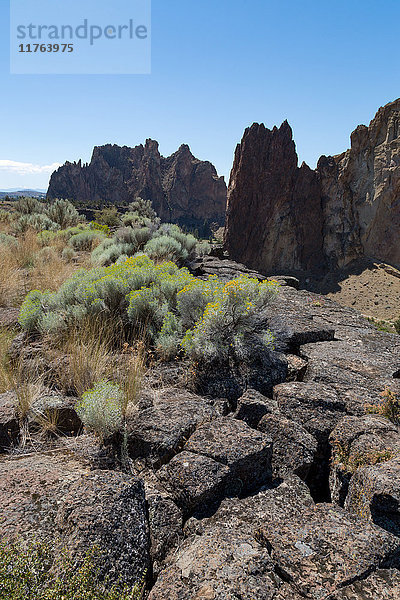 Der zerklüftete Smith Rock State Park in der Hochwüste von Zentral-Oregon  in der Nähe von Bend  Oregon  Vereinigte Staaten von Amerika  Nordamerika