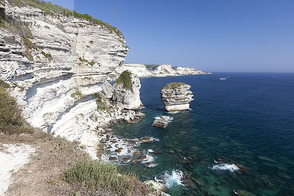 Die Sonne scheint auf die weißen Kalksteinfelsen  die vom türkisfarbenen Meer eingerahmt werden  Bonifacio  Korsika  Frankreich  Mittelmeer  Europa
