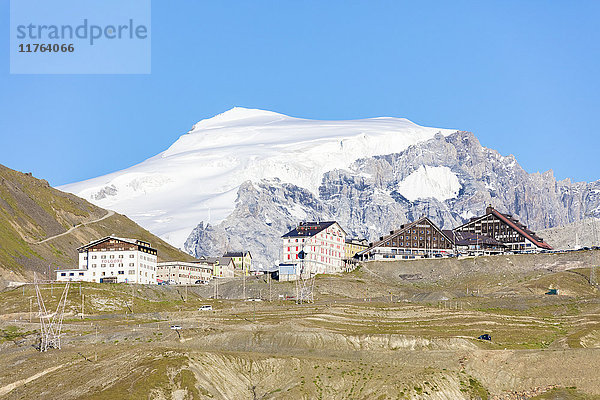 Blauer Himmel umrahmt den schneebedeckten Gipfel des Monte Ortles am Stilfser Joch  Valtellina  Lombardei  Italien  Europa