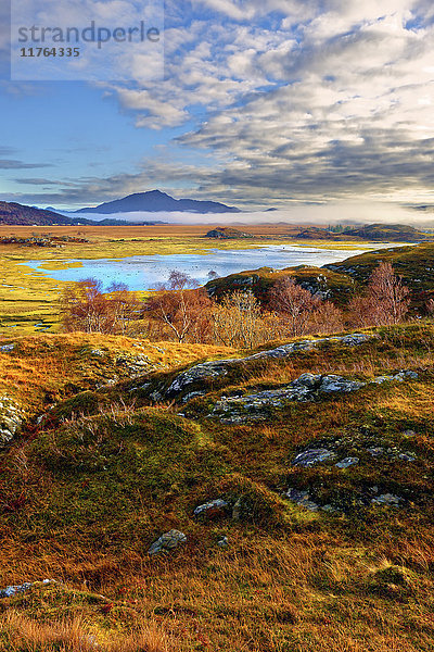 Herbstlicher Blick auf die mit buntem Gras bewachsenen Hügel und Moore der Kentra Bay  während sich am fernen Horizont Nebel unter den Bergen bildet  Highlands  Schottland  Vereinigtes Königreich  Europa
