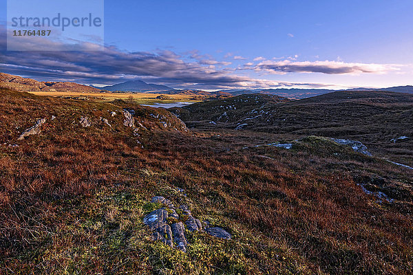 Herbstliche Aussicht auf bunte Gräser und Felsen und neblige Berge in den Mooren der schottischen Highlands  während die Sonne untergeht  Schottland  Vereinigtes Königreich  Europa