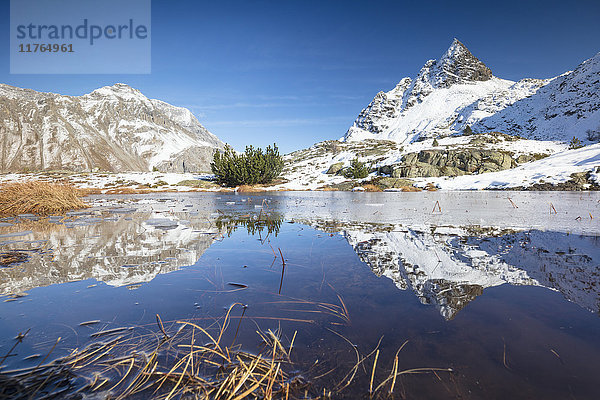 Schneebedeckte Gipfel spiegeln sich in dem teilweise zugefrorenen Alpensee  Lejets Crap Alv (Crap Alv Laiets)  Kanton Graubünden  Engadin  Schweiz  Europa