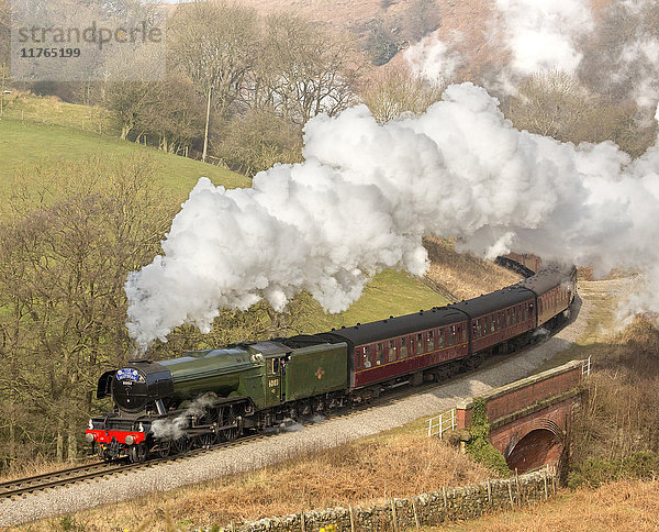 Dampflokomotive Flying Scotsman bei der Ankunft im Bahnhof Goathland der North Yorkshire Moors Railway  Yorkshire  England  Vereinigtes Königreich  Europa