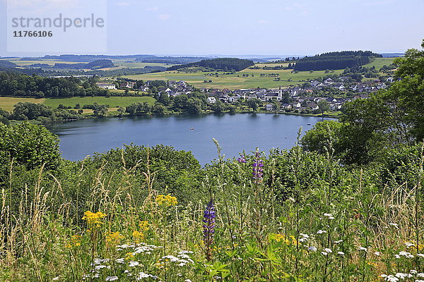 Blick über das Schalkenmehrener Maar auf Schalkenmehren  Eifel  Rheinland-Pfalz  Deutschland  Europa