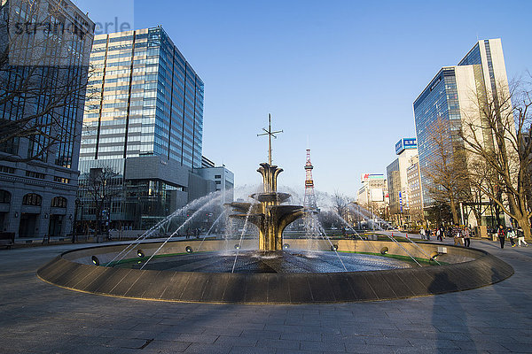 Springbrunnen im Odori-Park  Innenstadt von Sapporo bei Sonnenuntergang  Hokkaido  Japan  Asien