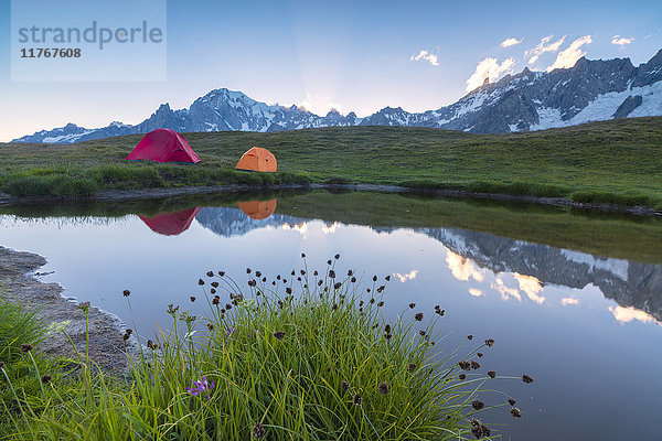 Zelten auf einer grünen Wiese  umgeben von Blumen und einem Alpensee  Mont De La Saxe  Courmayeur  Aostatal  Italien  Europa