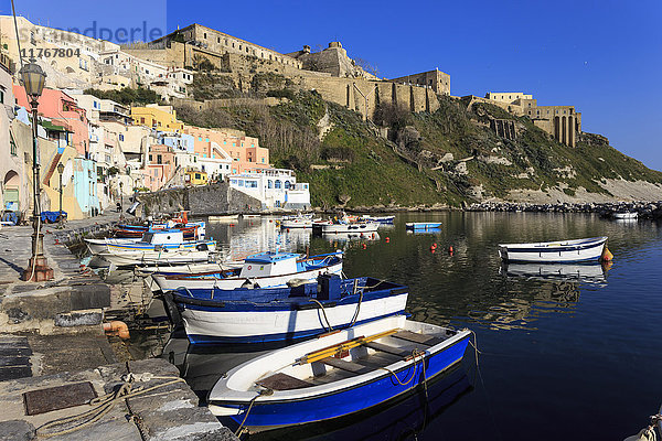 Marina Corricella  hübsches Fischerdorf  Boote unterhalb der Festung der Terra Murata Akropolis  Insel Procida  Golf von Neapel  Kampanien  Italien  Europa